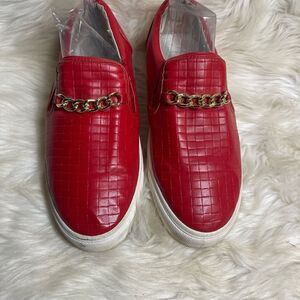 Tim Evans England Red slip on Men loafers gold tone chain front accent SZ13